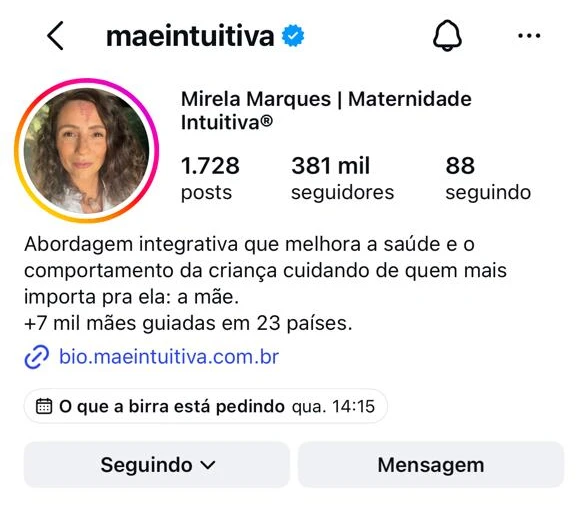 Perfil da Mirela Marques no Instagram: 381 mil seguidores e mais de 7 mil mães guiadas em 23 países